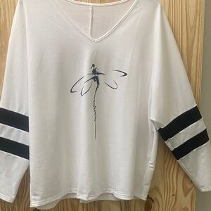 Source Unknown White Long Sleeve Tee with Black Dragonfly Design